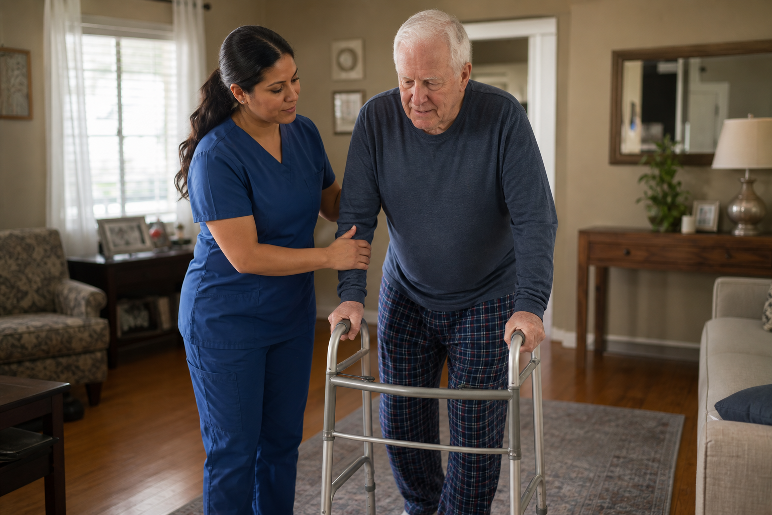 A home health nurse helping an older client walk safely at home