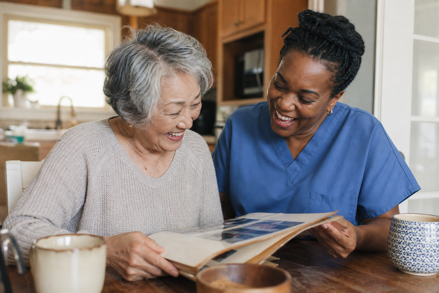 An older client and home care aide sharing a joyful moment